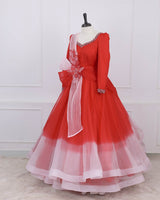 Hand-Embellished Red & Peach Ombre Layered Gown