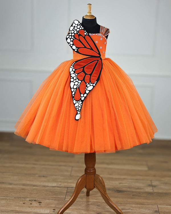 Monarch Butterfly theme Gown in Tangerine Orange color with detachable wings and belt