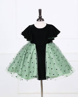 Dark Forest Green velvet frock with flutter sleeves and a mint heart-mesh skirt.