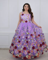 Lavender Ball Gown with Elegantly Spread Floral Appliqués.