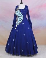 Navy Blue Monarch Butterfly Theme Gown with Detachable Wings and Handcrafted Belt
