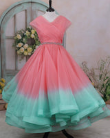 Blush Pink and Sea Green Ombre-Shaded Layered Gown With Bead & Stone Work