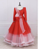 Hand-Embellished Red & Peach Ombre Layered Gown