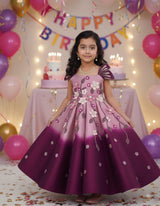 Dark Plum Purple & Onion Pink Panel Gown — Heavy Embellished Floral Elegance