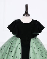 Dark Forest Green velvet frock with flutter sleeves and a mint heart-mesh skirt.