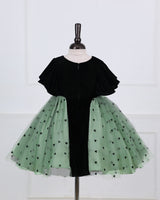 Dark Forest Green velvet frock with flutter sleeves and a mint heart-mesh skirt.