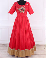 Deep Coral Pink Mirror Work Skirt and Top With Floral Printed Dupatta
