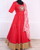 Deep Coral Pink Mirror Work Skirt and Top With Floral Printed Dupatta