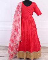 Deep Coral Pink Mirror Work Skirt and Top With Floral Printed Dupatta