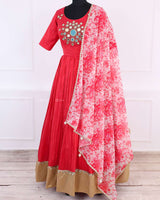 Deep Coral Pink Mirror Work Skirt and Top With Floral Printed Dupatta