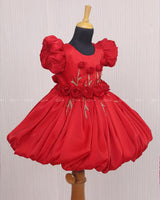 Red Balloon Gown with Handcrafted Rose Embellishment.