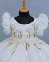 White Balloon Gown with Handcrafted Rose Embellishment.
