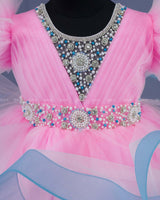 Baby Pink and Sky Blue Twirled Gown with Rich White Bead Work.