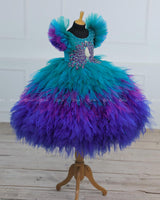 Peacock Double Shaded Feather Frill with Heavy Intrecated Handwork on Yoke