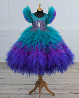 Peacock Double Shaded Feather Frill with Heavy Intrecated Handwork on Yoke