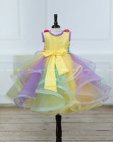 Multicolour Swirled Gown with Handcrafted Flowers and Highlighted Ice Cream Patches