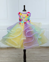 Multicolour Swirled Gown with Handcrafted Flowers and Highlighted Ice Cream Patches