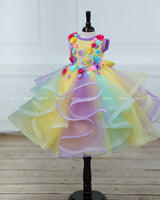 Multicolour Swirled Gown with Handcrafted Flowers and Highlighted Ice Cream Patches