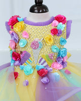 Multicolour Swirled Gown with Handcrafted Flowers and Highlighted Ice Cream Patches