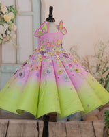 Lime Green and Baby Pink Panel Gown with Heavy Embellished Flowers
