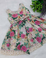 Yellow Floral Printed Hakoba Frock With Crosia Lace