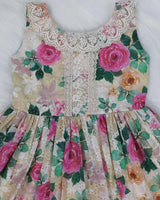 Yellow Floral Printed Hakoba Frock With Crosia Lace