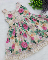 Yellow Floral Printed Hakoba Frock With Crosia Lace