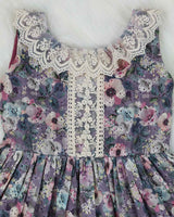 Blue Ash Floral Printed Hakoba Frock With Crosia Lace