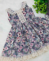 Blue Ash Floral Printed Hakoba Frock With Crosia Lace
