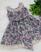 Blue Ash Floral Printed Hakoba Frock With Crosia Lace