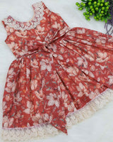 Brick Red Floral Printed Hakoba Frock With Crosia Lace