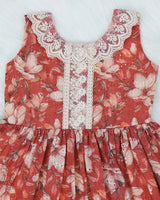 Brick Red Floral Printed Hakoba Frock With Crosia Lace
