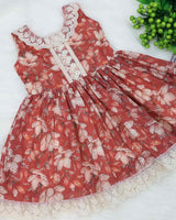 Brick Red Floral Printed Hakoba Frock With Crosia Lace