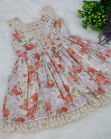 Peach and Off White Floral Printed Hakoba Frock With Crosia Lace