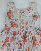 Peach and Off White Floral Printed Hakoba Frock With Crosia Lace
