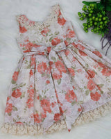 Peach and Off White Floral Printed Hakoba Frock With Crosia Lace