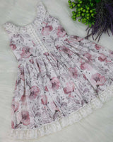 White Floral Printed Hakoba Frock With Crosia Lace