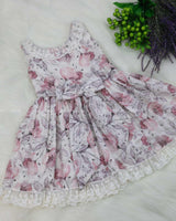 White Floral Printed Hakoba Frock With Crosia Lace