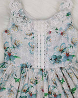 White and Blue Floral Printed Hakoba Frock With Crosia Lace