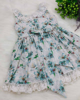 White and Blue Floral Printed Hakoba Frock With Crosia Lace
