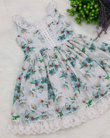 White and Blue Floral Printed Hakoba Frock With Crosia Lace