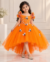 Tangerine Orange & Gold Honeybee-Theme High-Low Gown for Baby Girl