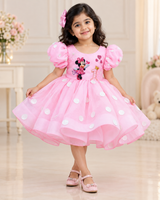 Pale Rose Organza Character-Themed Puff-Sleeve Calf-Length Frock for Baby Girl