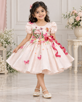 Light Gold Crystal Satin Puff Sleeve Mushroom house Fit & Flare Calf-Length Frock for Girls (New)