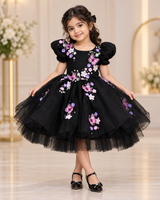 Organza Puff Sleevel Butterfly & Floral Fit & Flare Knee-Length Frock for Baby Girl in Black(New)