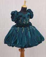 Teal Green Balloon Gown with Handcrafted Rose Embellishment.