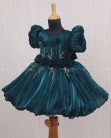 Teal Green Balloon Gown with Handcrafted Rose Embellishment.