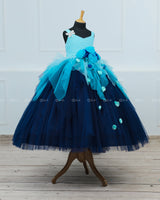 Blue Color with Gradient Asymmetrical Layered Gown with Dragonfly Applique