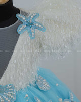 Sky Blue and Sea Blue Double Shaded Aqua Marine Theme Gown with Heavy Bead Patches