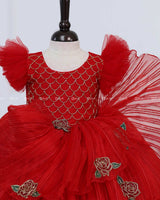 Red Frill Sleeve Gown with Fabric Manipulation and Rose Flower Patches
